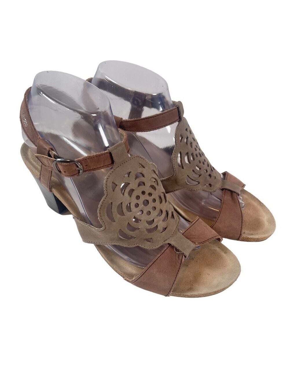 Mephisto Two Tone Brown Leather Floral Comfort Heeled Sandals Womens 8